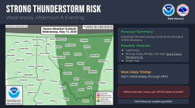 A strong cold front will help kick off strong thunderstorms the afternoon and evening of May 13. The main threats will be strong, gusty, erratic winds in excess of 50 mph, and frequent lightning.