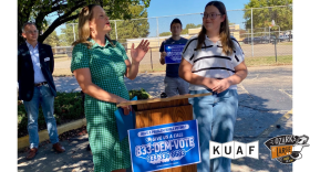 Former Democratic state Rep. Megan Godfrey announces the party's voter protection hotline at Elmdale Baptist Church in Springdale.
