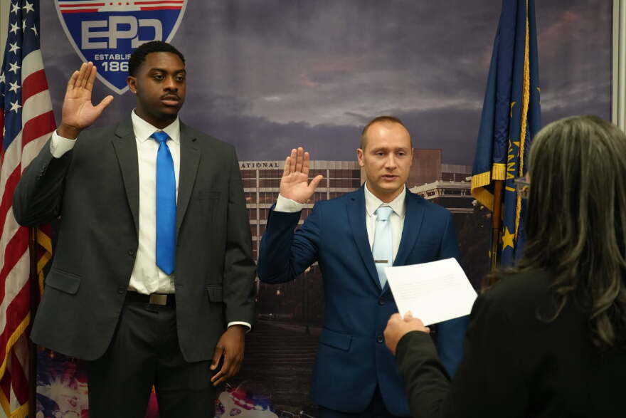 Luscius Lloyd (left) and Daltyn Backes take the oath of office, joining the Evansville Police Department