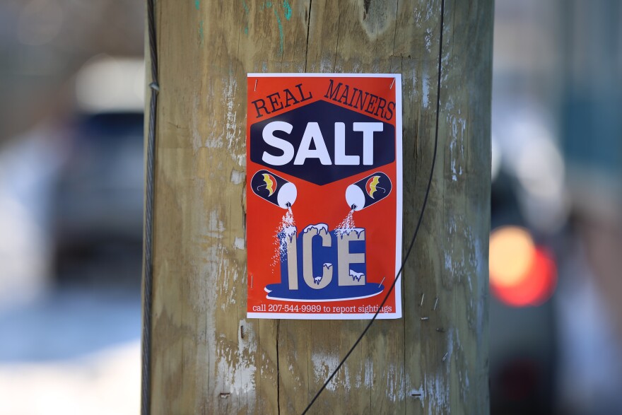 A sign protesting the ICE surge in Maine in the West End neighborhood of Portland, Maine on Jan. 28, 2026.