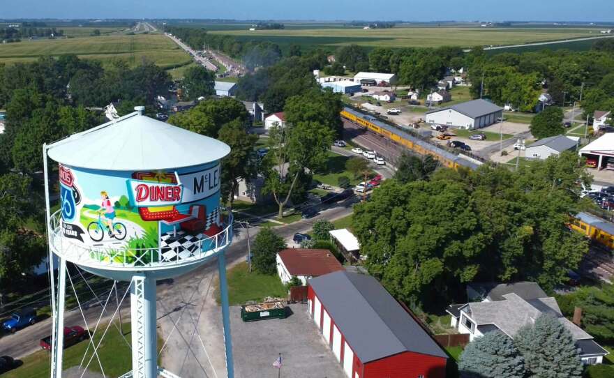 A drone shot of the McLean water tower.