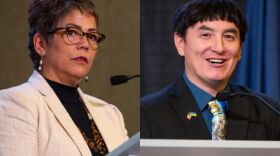 portraits of two people speaking on stage