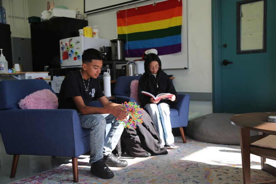 Olivia Huang and Josue Garcia Moreno in Hoover Middle School's wellness center.