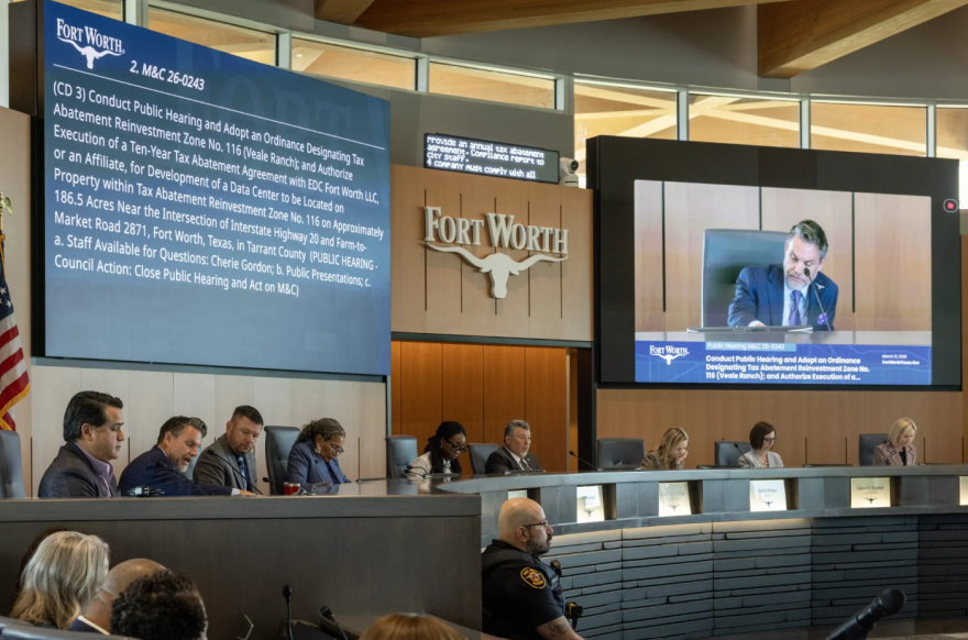 Council member Michael Crain speaks on a proposed tax abatement for a data center at a Fort Worth City Council meeting on March 31, 2026. (Maria Crane | Fort Worth Report/CatchLight Local/Report for America)