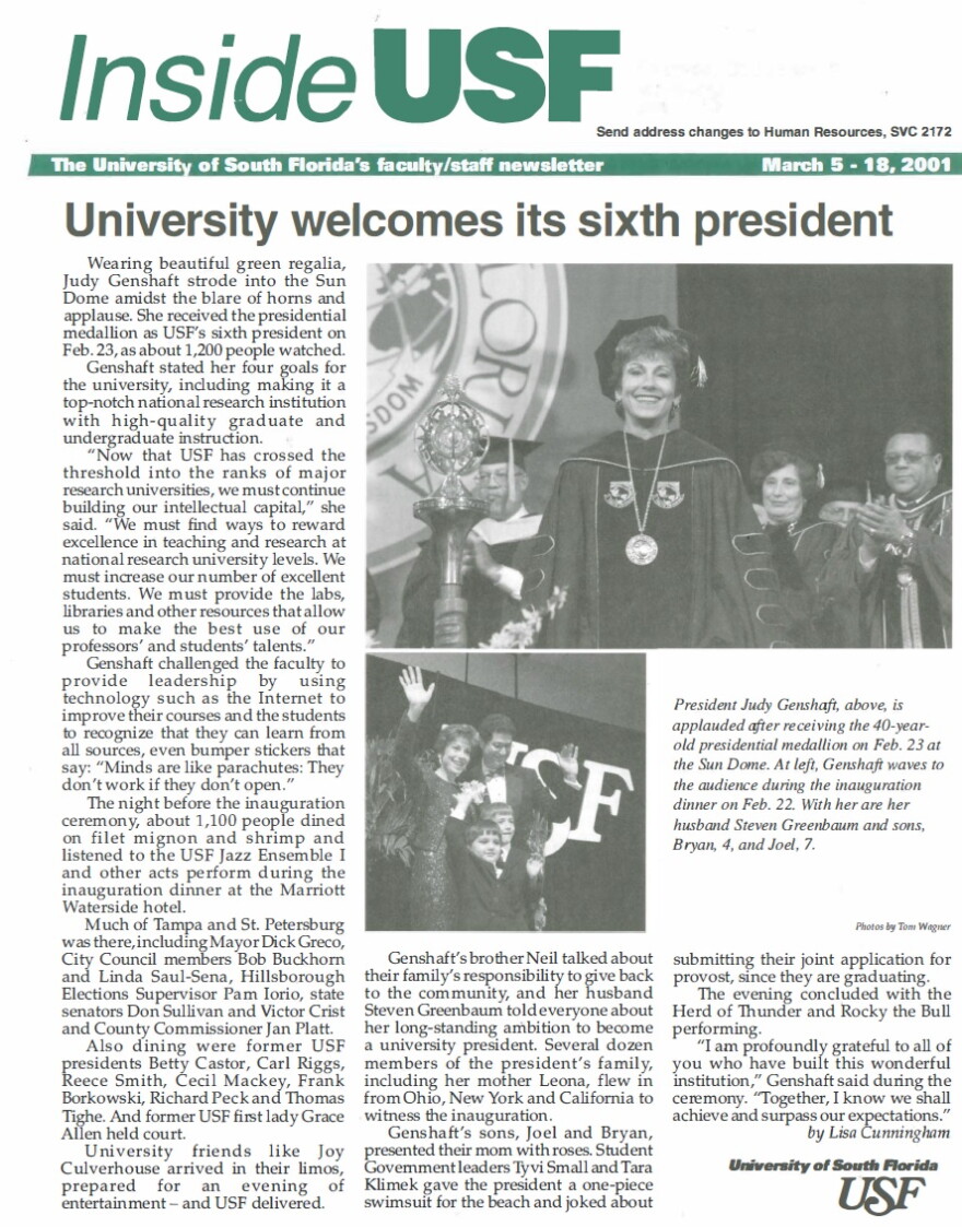 An Inside USF newsletter talks about Genshaft's medallion ceremony in 2001.