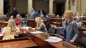 Louisville Democratic Senator Cassie Chambers Armstrong in the forefront-Standing behind-Bowling Green GOP Senator and Bill Sponsor Mike Wilson