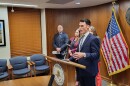 Grand Forks Mayor Brandon Bochenski speaks at a post-Industrial Commission news conference