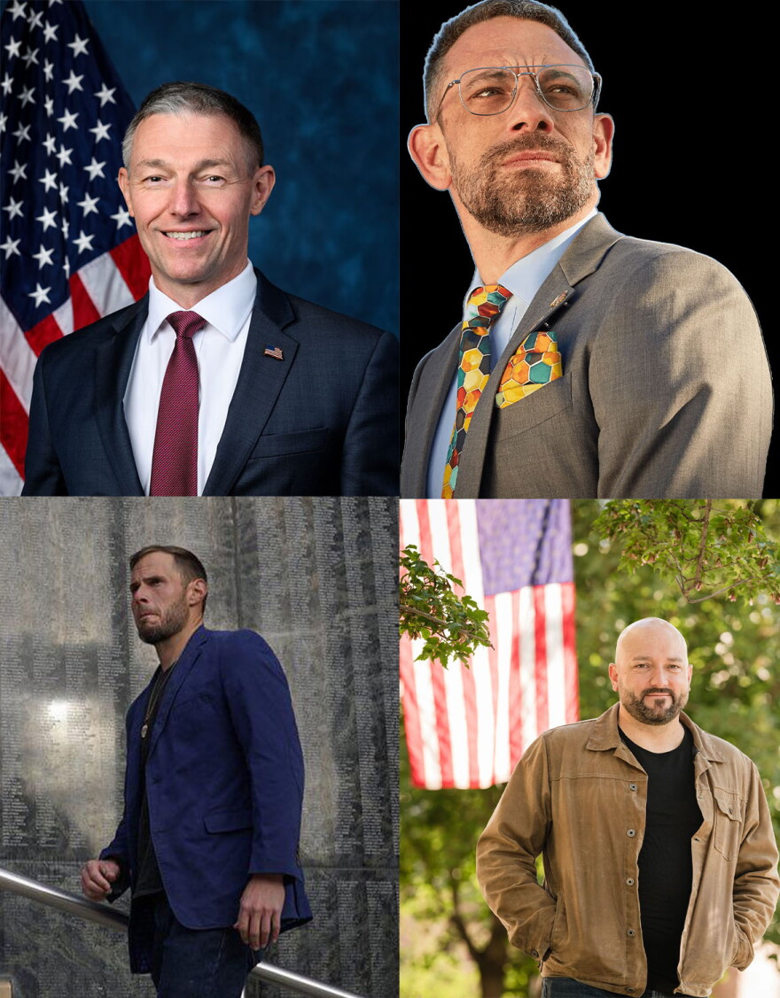 Four white men are pictured individual in one vertical visual. The top left photo is of a greying middle aged man wearing a navy blue dress jacket with a maroon tie and a white button down shirt. An American Flag button is pinned to his left color. In the background on his left is the American Flag and on his right is washed out dark blue. On the top right is of a man with brown hair and facial hair. He wears a khaki colored dress jacket with a colorful handkerchief of geometric shapes in orange, yellows, reds, turquoise and blue shades. His tie matches his handkerchief. Underneath is a light blue button down shirt. He wears thin metal rimmed glasses and there's a black background. He looks out to his left. The bottom left is a clean cut man with brown hair and facial hair. He wears a dark blue suit and he's standing in front of a metal railing and a grey wall. The bottom right picture is of a bald man with brown facial hair. He wears a brown jacket with a black shirt underneath. An American Flag hangs behind him on his right side and he stands in front of trees with only their green leaves showing.