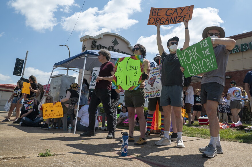 Unionized Starbucks workers and their supporters gathered at the location on Kingshighway near Chippewa for a strike on Monday June 26, 2023. It's part of a nationwide strike at the coffee chain over the company not allowing dozens of stores to decorate for Pride month.