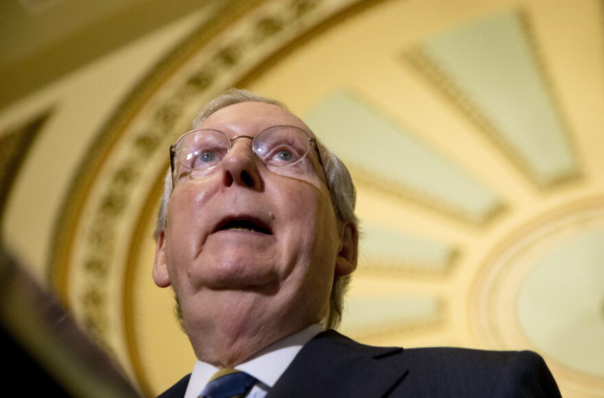 In this July 12, 2016, file photo, Senate Majority Leader Mitch McConnell of Ky. speaks during a news conference on Capitol Hill in Washington. Republicans and Democrats are pointing fingers over the failure to act as the number of mosquito-transmitted cases in the U.S. grows. (AP Photo/Manuel Balce Ceneta, File)