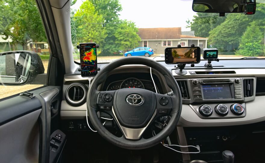 Lorenzen uses radar images to monitor storms during chases.