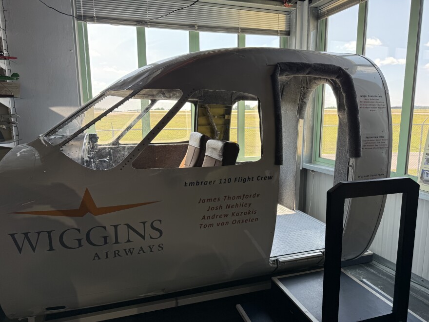 A mock cockpit at the Aviation Museum that students can sit in to learn what it's like to sit at the controls of an airplane.