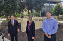 Alek Schott, far right, joins his attorneys Jeff Rowes and Christie Hebert of the Texas Office of the Institute for Justice, outside of the San Antonio Federal Courthouse for a news conference on Sept. 29, 2026.