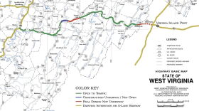 A map of Corridor H from the West Virginia Division of Highways shows the two sections in red that are yet to be built.