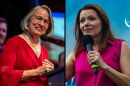 Left, Rep. Mariannette Miller-Meeks speaks at a podium on Election Night 2024. Right, Democratic challenger Christina Bohannan speaks the 'Des Moines Register' Political Soapbox.