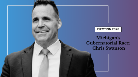 A black and white photo of Chris Swanson wearing a jacket and tie superimposed over a blue and purple background with an Election 2026 graphic at the side 