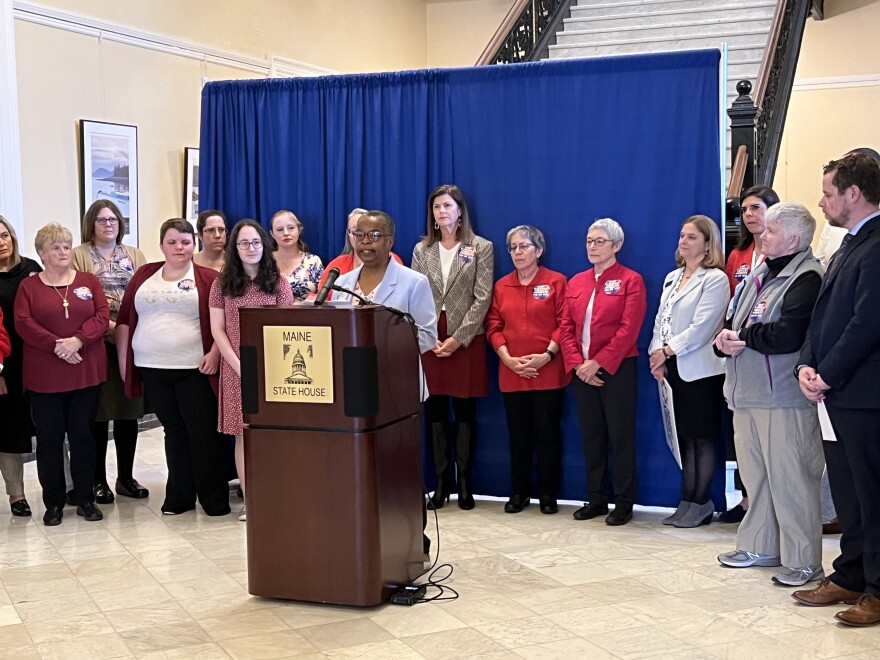 Sen. Jill Duson, D-Portland, speaks during a State House press conference about her proposal to ban the sale of flavored tobacco and electronic smoking devices in Maine.