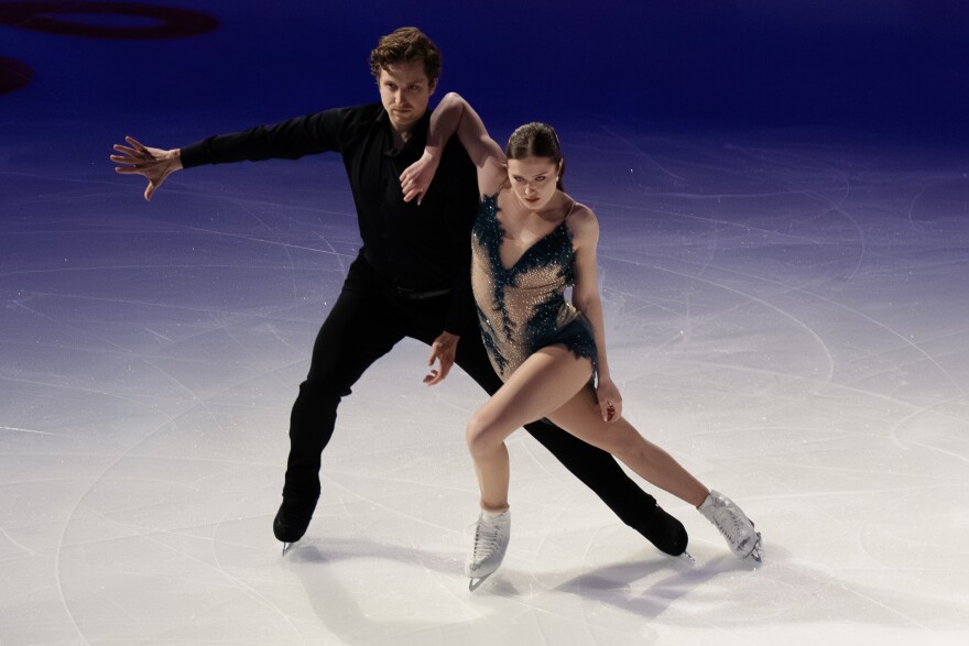 Madison Chock and Evan Bates perform in exhibition after being named to the 2026 U.S. Olympic Figure Skating Team at the Enterprise Center on Sunday, Jan. 11, 2026, in St. Louis’ Downtown West neighborhood.