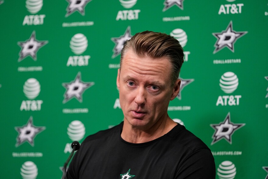Dallas Stars head coach Glen Gulutzan responds to questions during a news conference at the team's headquarters Wednesday, Sept. 17, 2025, in Frisco, Texas.