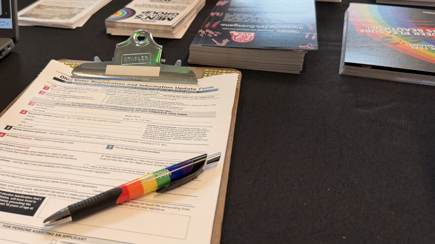 An Ohio voter registration form sits on a table at Stonewall Columbus. The LGBTQ+ organization held an voter registration event at its Short North headquarters in September 2026 ahead of what's expected to be a very consequential midterm election.