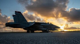 U.S. Marine Corps F/A-18 Hornet aircrafts with Marine Fighter Attack Squadron (VMFA) 232, Marine Aircraft Group 12, 1st Marine Aircraft Wing, sit on the flight line during an Aviation Training Relocation program at Andersen Air Force Base, Guam, Feb. 5, 2026.