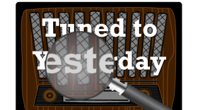 Illustration of a vintage radio with the text 'Tuned to Yesterday' and a magnifying glass representing the mystery genre.
