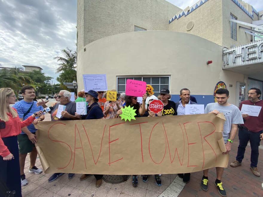 Protesters gather outside Tower Theater to fight for the cinema to remain under Miami Dade College management