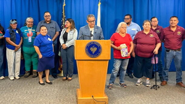 Fresno Councilmember Miguel Arias stands with community leaders at press conference Oct. 19, 2026.