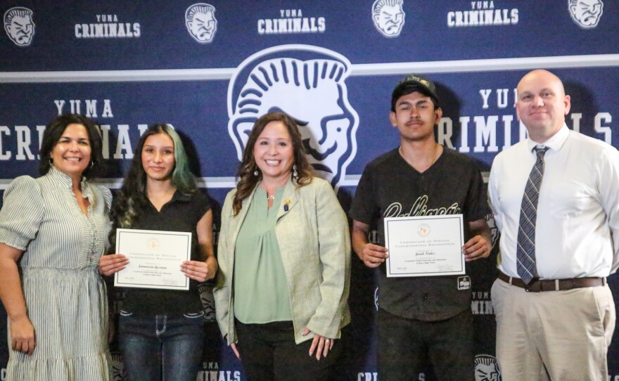 Grijalva also smiled for a photo with Yuma High's principals. From left to right: Assistant Principal Marci Sanchez, Jennavecia Guzman, Adelita Grijalva, Jared Nuñez, Principal Michael Fritz.