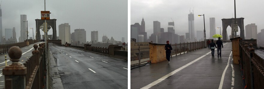 A composite of two photos of the Brooklyn Bridge, which remains closed to traffic on Tuesday (left) but open to pedestrians (right).