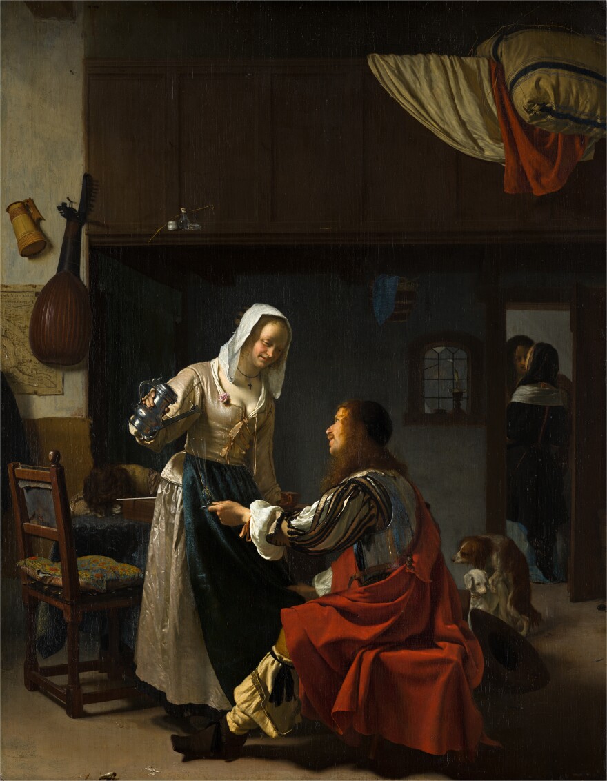 Even the dogs in Frans van Mieris' <em>Brothel Scene</em> (1659) are on message.