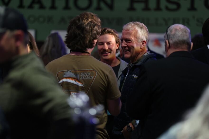 U.S. Sen. Dan Sullivan arrived at his election watch party at the Alaska Aviation Museum in Anchorage the evening of Tuesday, Aug. 18, 2026.