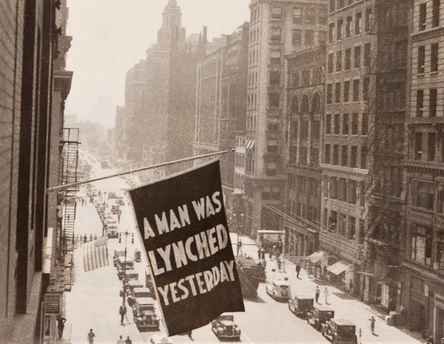 The flag "A Man Was Lynched Yesterday" flew from the New York headquarters of the NAACP from 1936 to 1938 -- until the landlord threatened to evict the organization. in 2015, artist Dread Scott was inspired to create a gallery work, "A man was lynched by police yesterday."