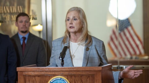 Missouri Attorney General Catherine Hanaway announces the state's lawsuit against American Shaman in a press conference outside her office March 31, 2026.