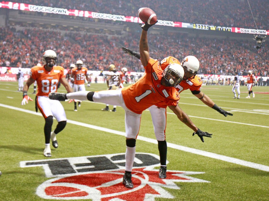 <strong>Even In Canada:</strong> During the CFL's Grey Cup title game in November, Arland Bruce (1) and Andrew Harris of the BC Lions choreographed their moves to celebrate a fourth-quarter touchdown against the Winnipeg Blue Bombers in Vancouver.