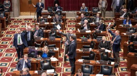 Missouri House Republicans raise their hands to speak on a ban for gender-affirming care for minors as House Majority Leader Jon Patterson, R-Lee's Summit, moves for a vote.