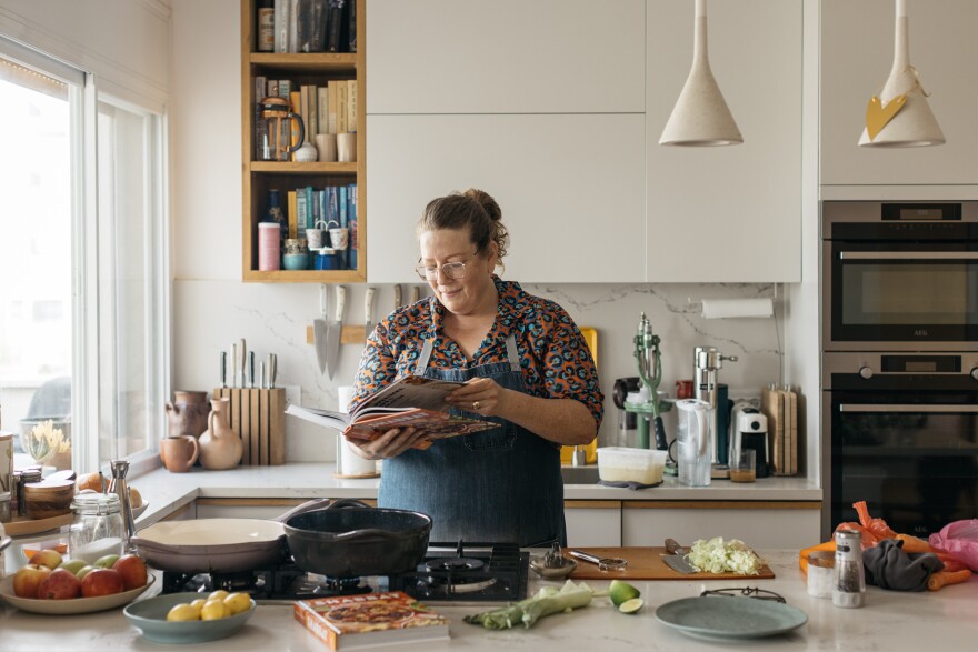 Adeena Sussman cooks chicken soup in her Tel Aviv kitchen on Sept. 1, 2023.