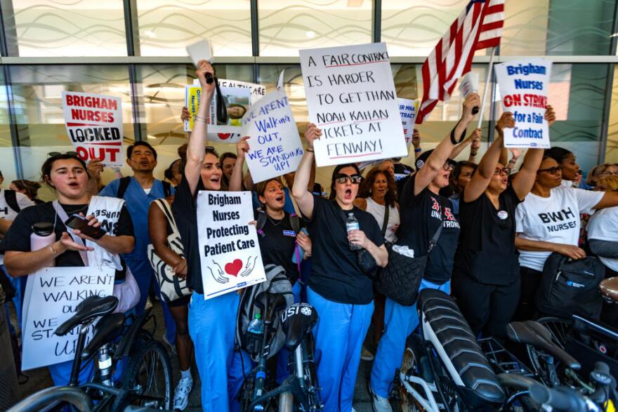 Nurses from Brigham and Women's Hospital picket outside the main campus on Wednesday. (Jesse Costa/WBUR)