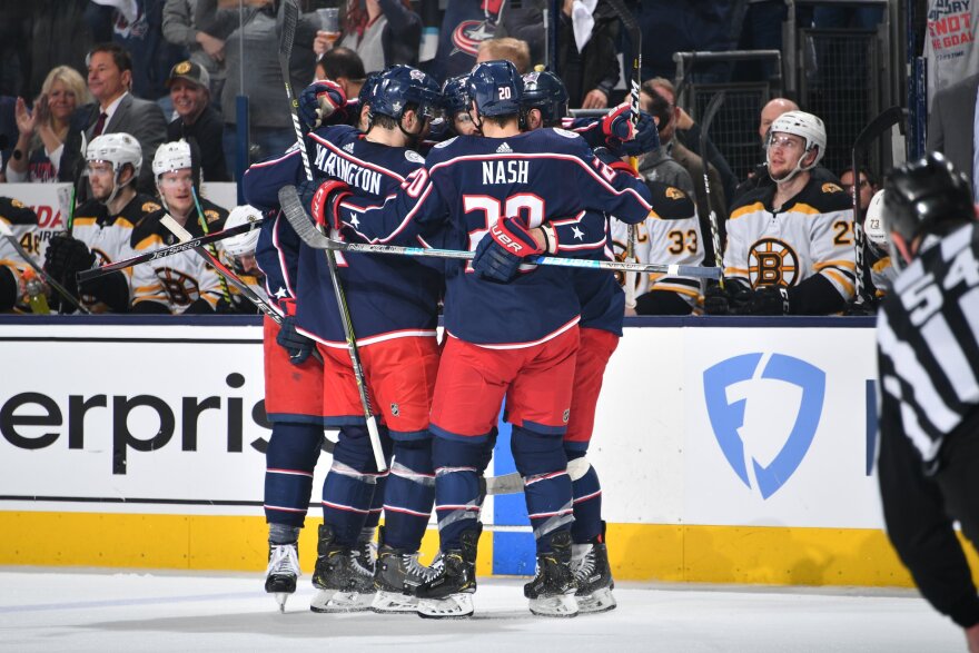 The Columbus Blue Jackets celebrate their victory against the Boston Bruins in the third game of their second round Stanley Cup playoffs. [Columbus Blue Jackets / Facebook]