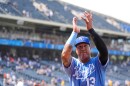 Kansas City Royals' Salvador Perez acknowledges the crowd after a baseball game against the San Francisco Giants, Wednesday, July 22, 2026, in Kansas City, Missouri.