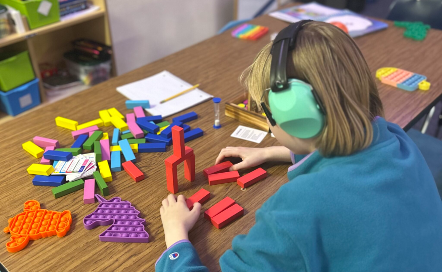 A Coarsegold Elementary School student builds blocks during her last few minutes in the Zen Den.
