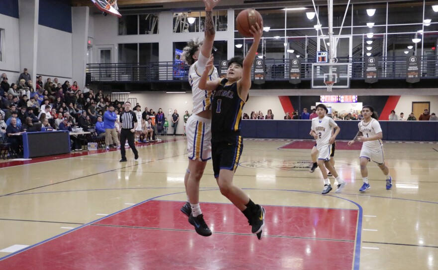 Bethel Warrior Jayden Fredericks plays in the Mountain City Christian Academy Invitational basketball tournament in Anchorage on Jan. 2, 2026.