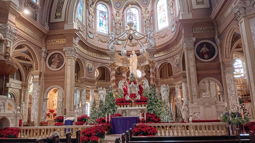 A view of the sanctuary and altar inside Our Lady of Victory Basilica and National Shrine in Lackawanna, NY, prepared for the Christmas season.