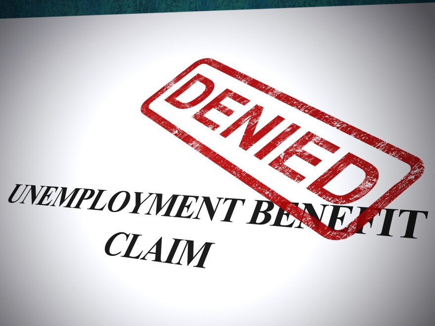 Unemployment benefit claim denied means allowance or dole money refused. Jobless provision of benefits payment - 3d illustration