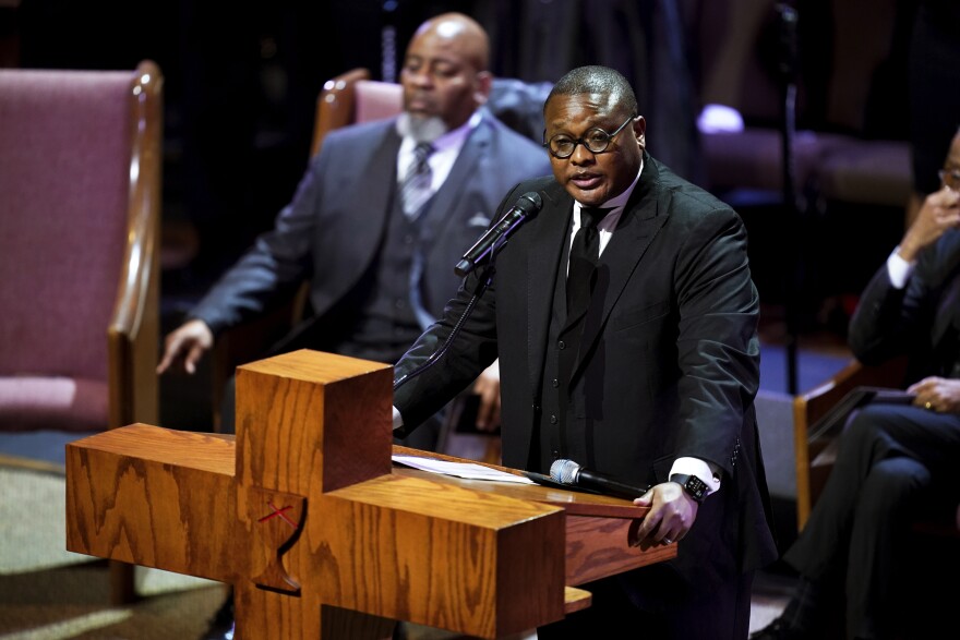 The Rev. Dr. J. Lawrence Turner speaks during the funeral service for Tyre Nichols at Mississippi Boulevard Christian Church in Memphis, Tenn., on Wednesday.