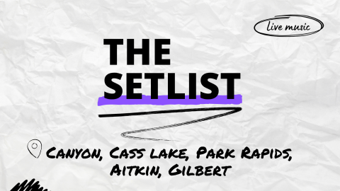 "The Setlist" and "Canyon, Cass Lake, Park Rapids, Aitkin, Gilbert" written over a crumpled paper background.