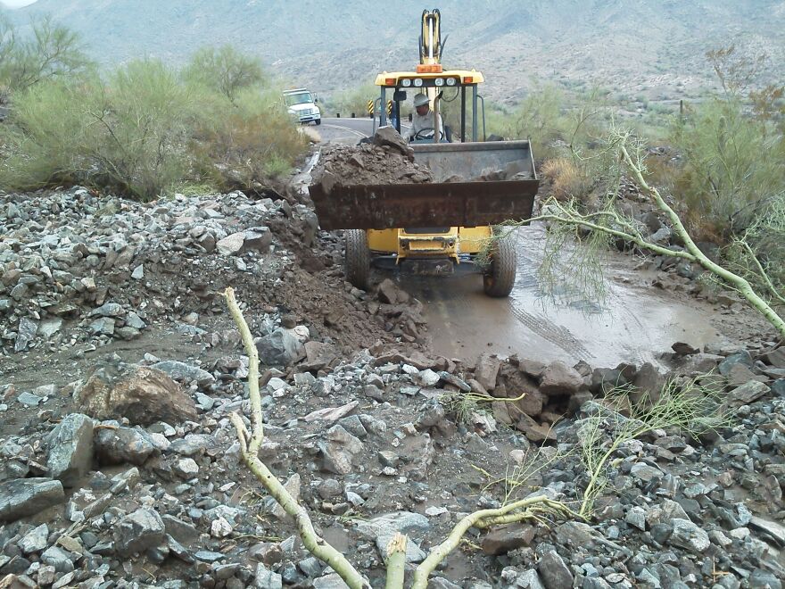 2014 rock slide debris covering the road at South Mountain.