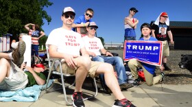 Supporters wearing Gays for Trump shirts at a rally for presidential frontronner Donald Trump rally in Lynden, Washington, on Saturday, May 7. 