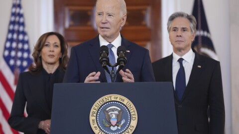 President Joe Biden, center, with Vice President Kamala Harris, left, and Sec. of State Anthony Blinken, right, speaks in the Cross Hall of the White House on the announcement of a ceasefire deal in Gaza and the release of dozens of hostages after more than 15 months of war, Wednesday, Jan. 15, 2025, in Washington. (AP Photo/Evan Vucci)