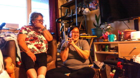 Marie White and her daughter Patricia Twitchell, who evacuated to Bethel from Kwigillingok after ex-typhoon Halong, share about their experiences in Bethel on Oct. 1, 2026.